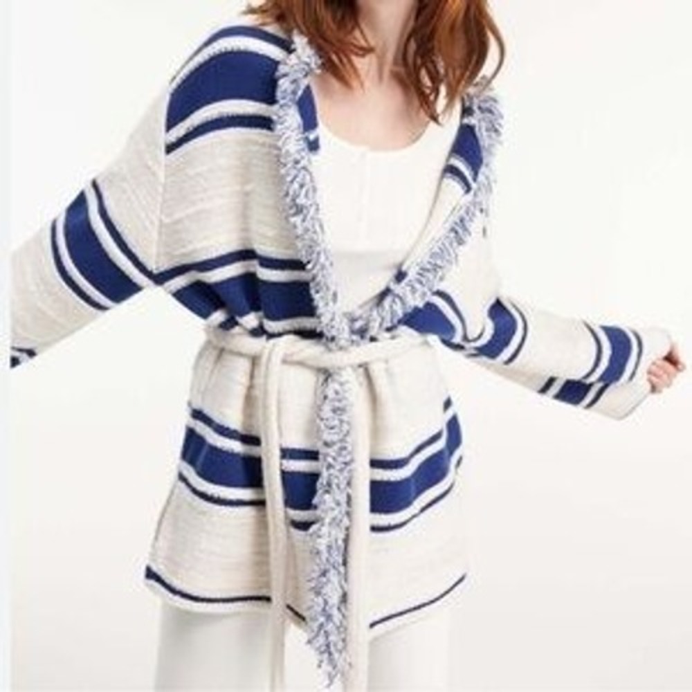 DOROTHEE SCHUMACHER SENSATION FRINGE RELAXED FIT CARDIGAN IN BLUE/WHITE STRIPES